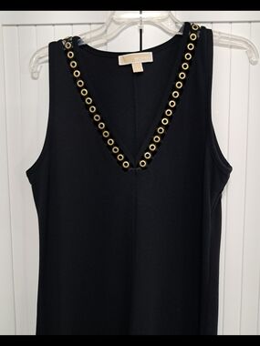 Michael Kors Black Sleeveless V-Neck Maxi Dress with Gold Vneck Trim Sz Large